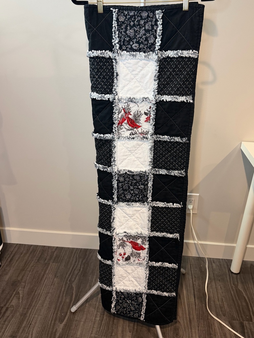 Handmade Rag Quilt Black White Cardinal Throw Blanket 50x59